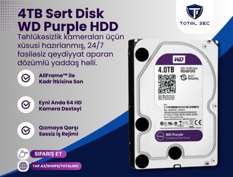 WD Purple 4TB Sərt Disk (Videomüşahidə və Dvr/nvr üçün) — Bakı