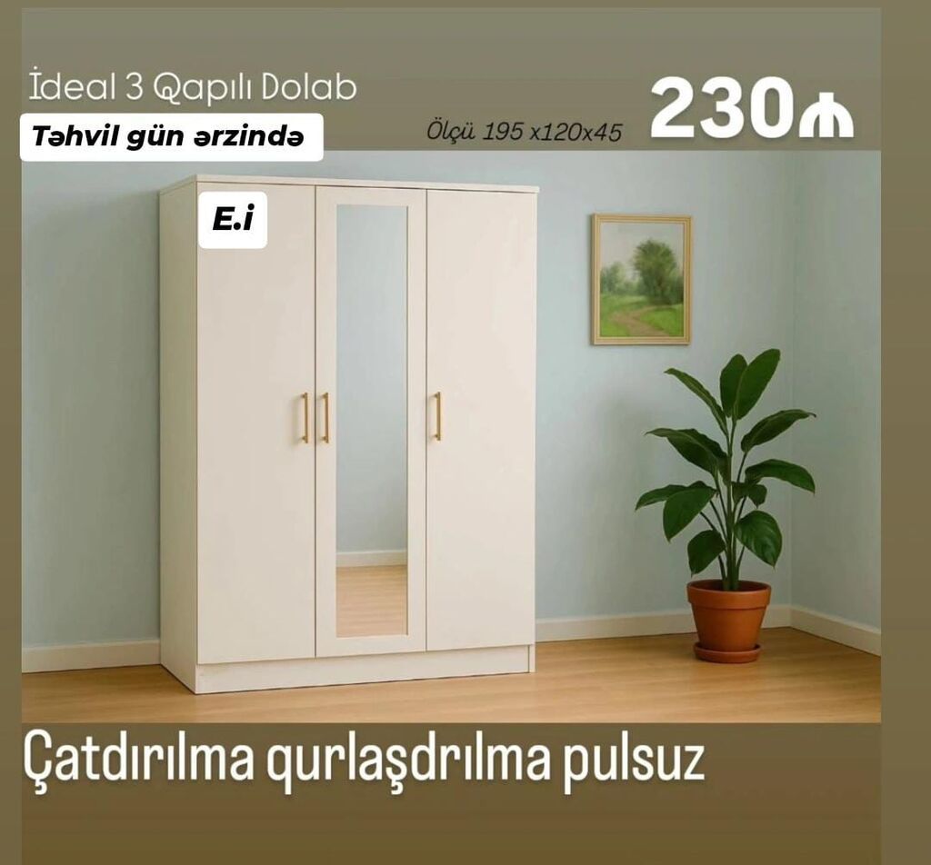 İdeal 3 qapılı dolab - Ölçü: 195 x 120 x 45 sm - Orta qapıda güzgü — Şkaflar, Bakı