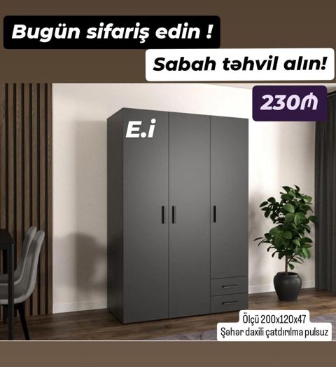 3 qapılı, çekmecəli paltar şkafı - Rəng: qrafit/qaranlıq boz - Ölçü — Mehdiabad