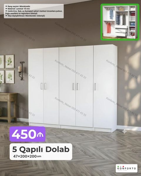 5 qapılı paltar dolabı Ölçülər: 47×200×200 sm Material: 18 mm — Bakı