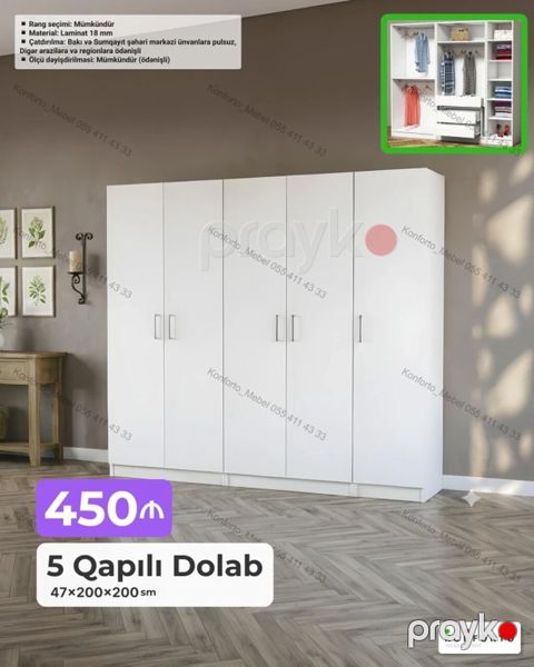 5 qapılı paltar dolabı Ölçülər: 47×200×200 sm Material: 18 mm