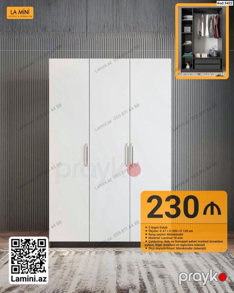 LA Mını – 3 qapılı dolab - Ölçü: 47 200 120 sm - Rəng seçimi