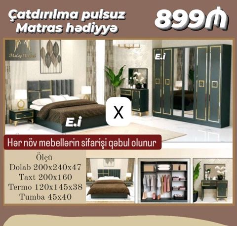 Yataq otağı dəsti Tərkibi: - Taxt: 200×160 - Şkaf (4 qapılı, güzgülü — Bakı