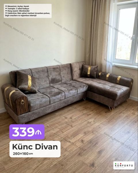 Künc divan – 260×160 sm - Açılan, bazalı mexanizm: gündəlik — Bakı