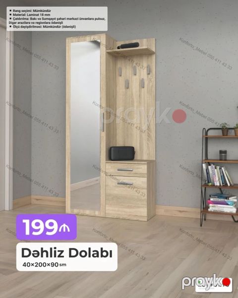 Dəhliz dolabı – 40×200×90 sm - Material: 18 mm laminat - Güzgülü qapı