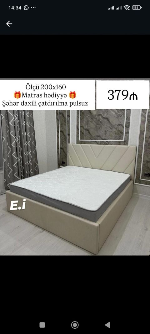 Mebel dəsti: Yumşaq başlıqlı iki nəfərlik çarpayı - Ölçü: 200x160 sm — Bakı