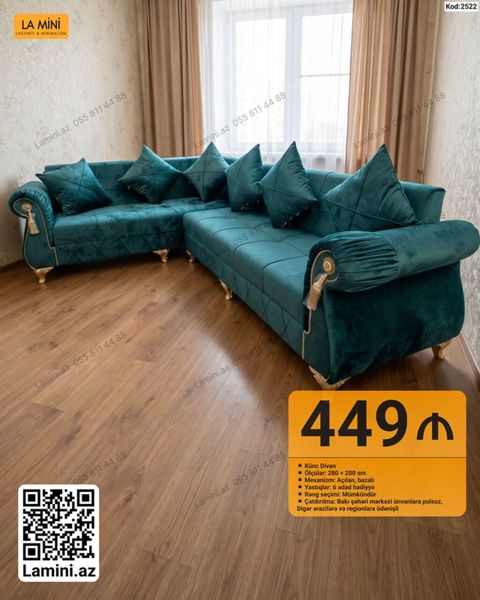 Künc divan – Kod: 2522 - Ölçülər: 280 200 sm - Mexanizm: açılan — Bakı