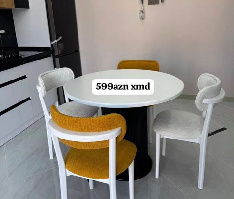 Dəyirmi yemək masası və 4 ədəd stul dəsti - Masa: dairəvi forma, ağ — Mehdiabad