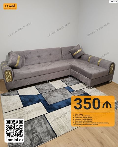 Künc divan – Kod: 2238 - Ölçülər: 260 160 sm - Mexanizm: açılan — Bakı
