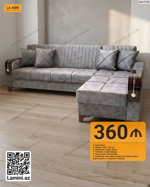 Künc Divan – Kod: 2190 - Ölçü: 240 150 sm - Mexanizm: açılan — Bakı
