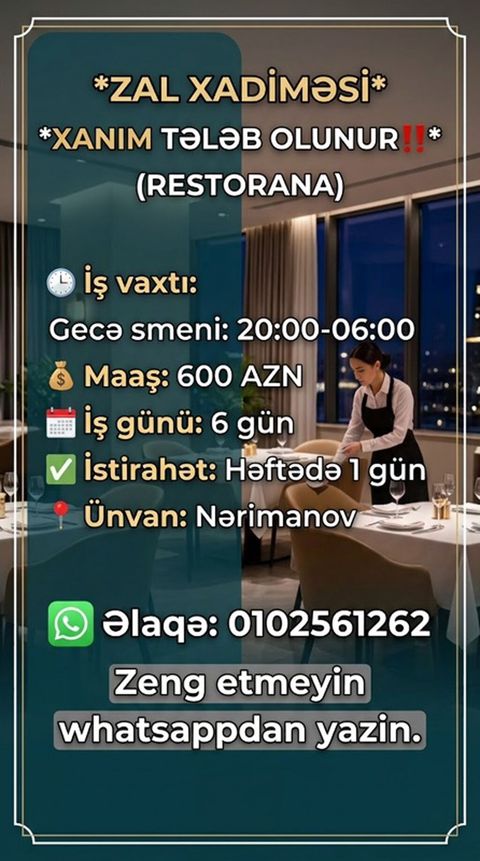 Xadimə tələb olunur, 18-29 yaş — Bakı