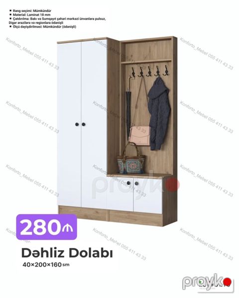 Dəhliz dolabı – 40×200×160 sm - Material: 18 mm laminat - Rəng seçimi