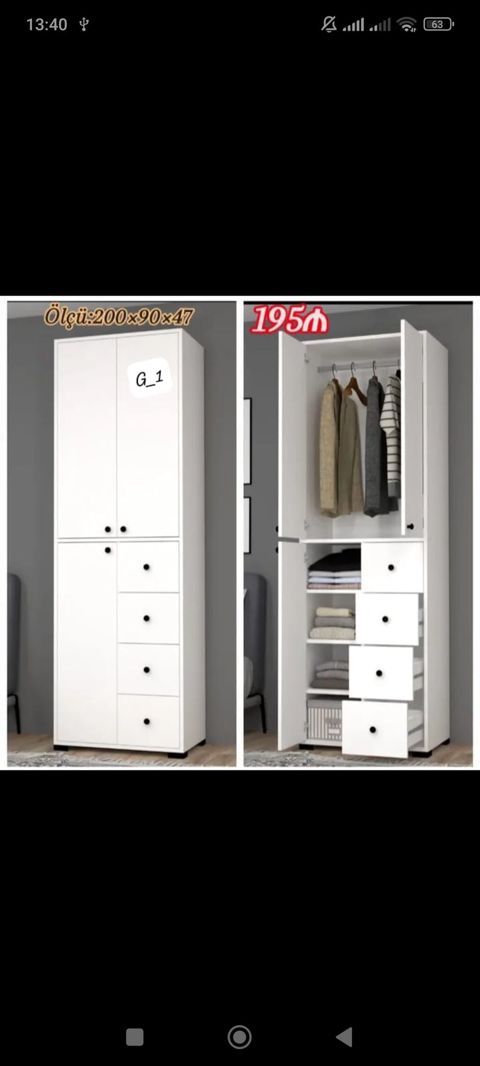 Ağ rəngli paltar dolabı – ölçü: 200×90×47 sm. - Dizayn: İki qapılı — Mehdiabad