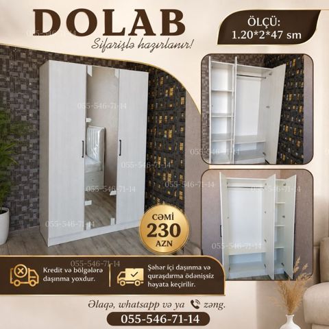 Düz dolab, Yataq otağı üçün, Paltar üçün, Açılan, Korpuslu, 3 qapılı — Bakı
