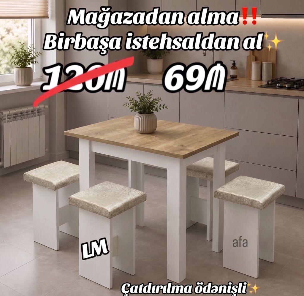 Masa + 4 taburetka dəsti - Yeni və sifarişlə hazırlanır - Rəng seçimi — Masalar və stullar, Bakı (2)