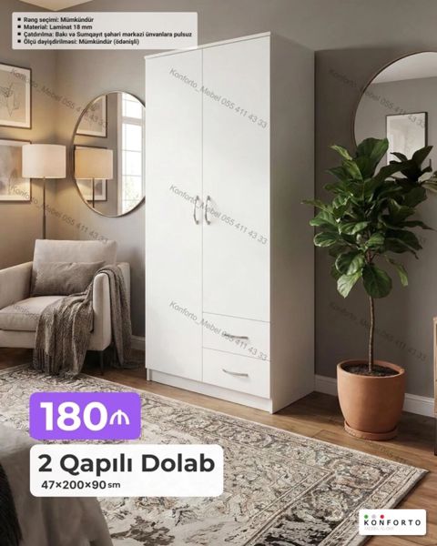 2 qapılı dolab – 47×200×90 sm - Rəng seçimi: mümkündür - Material: 18 — Bakı