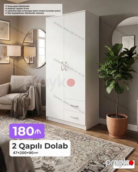 2 qapılı dolab – 47×200×90 sm - Rəng seçimi: mümkündür - Material: 18