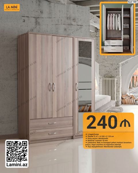 3 qapılı dolab – Kod: 1081 - Ölçülər: E 47 H 200 E 120 sm — Bakı