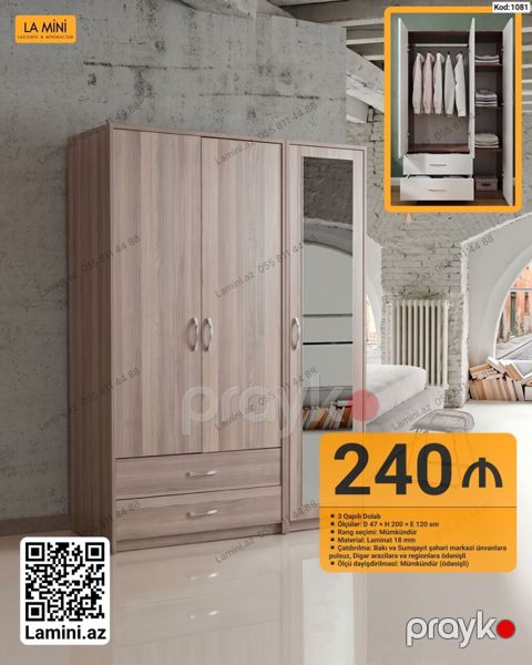 3 qapılı dolab – Kod: 1081 - Ölçülər: E 47 H 200 E 120 sm