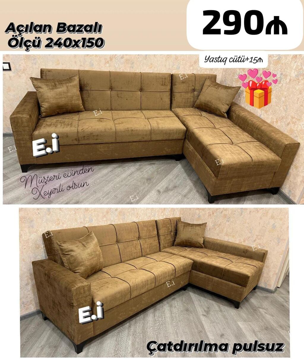 Açılan bazalı künc divan - Ölçü: 240 x 150 sm - Rəng: qəhvəyi/karamel — Divanlər, Sumqayıt
