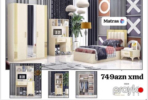 Uşaq/yeniyetmə otağı üçün mebel dəsti – Krem rəngdə, qızılı detallar