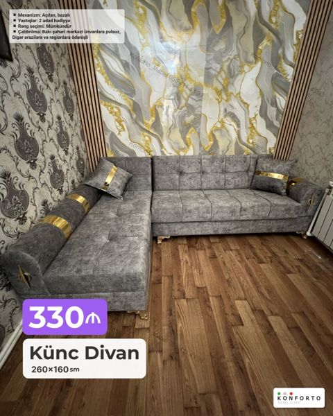 Künc divan – 260×160 sm Xüsusiyyətlər: - Mexanizm: açılan, bazalı — Bakı