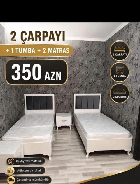 İki nəfərlik yataq dəsti – 2 çarpayı + 1 tumba + 2 matras - Komplekt — Bakı