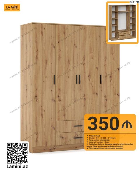 La Mini 4 qapılı dolab – kod: 1781 - Ölçülər: D 47 H 200 E 160 sm — Bakı