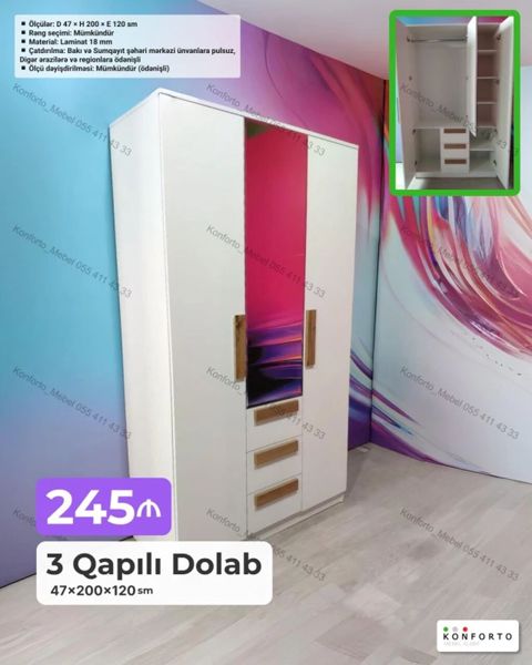 3 qapılı dolab – 47×200×120 sm Xüsusiyyətlər: - Ölçülər: Dərinlik 47 — Bakı