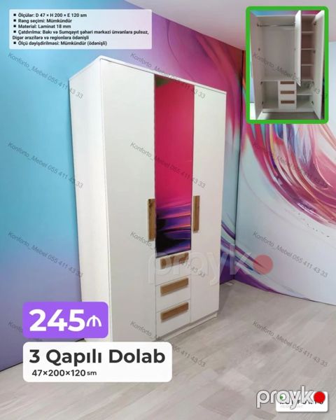 3 qapılı dolab – 47×200×120 sm Xüsusiyyətlər: - Ölçülər: Dərinlik 47