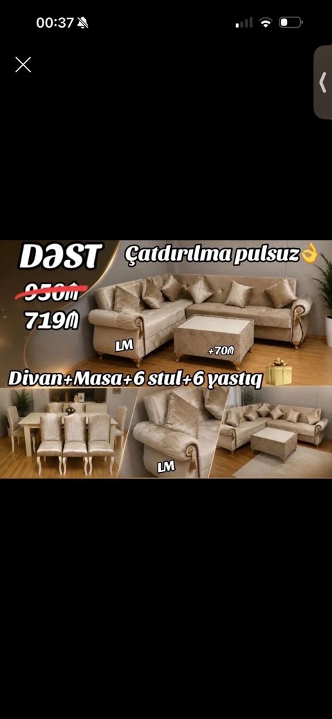 Dəst: Divan + Masa + 6 stul + 6 yastıq Tərkib: - Künc divan: zərif — Bakı