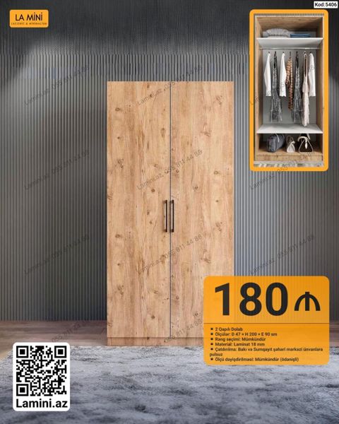 LA Mını 2 qapılı dolab - Kod: 5406 - Ölçülər: D 47 H 200 E 90 sm — Bakı