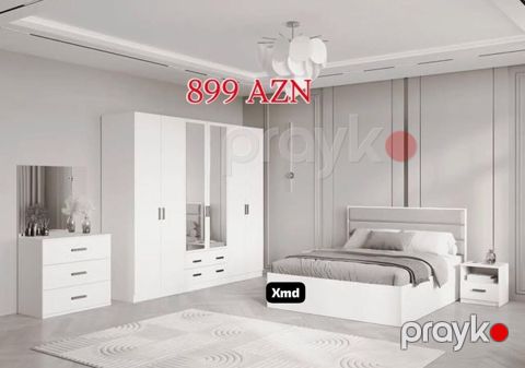 Ağ rəngli yataq otağı dəsti. Tərkibi: - Çarpayı: ikinəfərlik, sadə