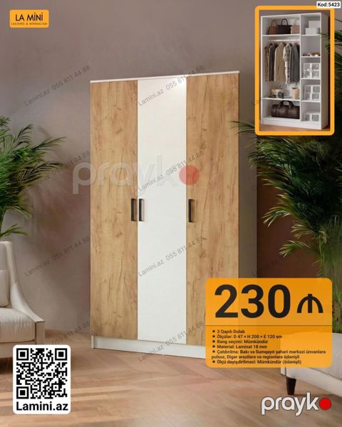 3 qapılı paltar dolabı - Ölçü: dərinlik 47 sm hündürlük 200 sm en