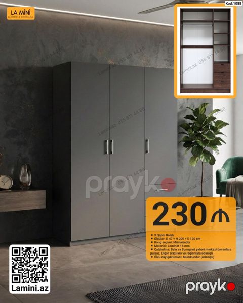 3 qapılı dolab – Kod: 1088 - Ölçülər: D 47 H 200 E 120 sm