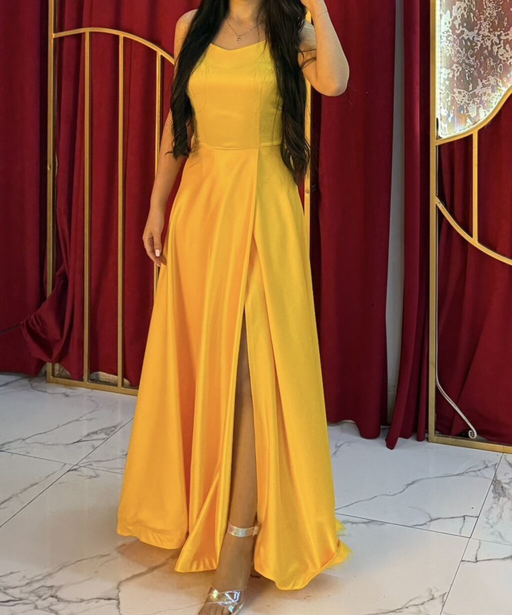 Sarı rəngdə uzun ziyafət/libas - Model: A-kəsim, ətəyi geniş axıcı — Axşam paltarları, Bakı (2)