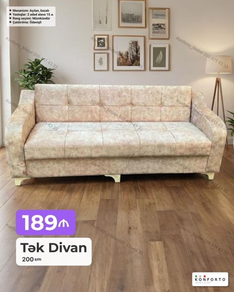 Tək divan – 200 sm Mexanizm: açılan, bazalı (yataq funksiyası və alt — Bakı