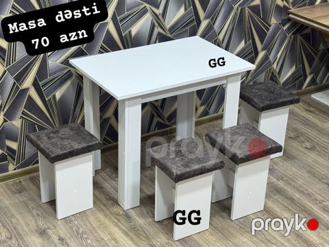 Masa dəsti – 70 AZN Ağ rəngli kompakt yemək/mətbəx masası və 4 — Bakı
