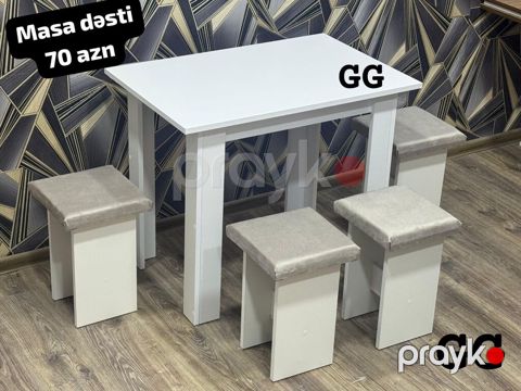 Masa dəsti – 70 AZN Tərkib: 1 ədəd ağ yemək/çay masası + 4 ədəd — Bakı