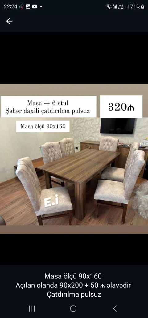 Mətbəx/qonaq otağı üçün yemək dəsti - Komplekt: açılan masa + 6 ədəd — Dolab Taxt Çarpayı Mebel Fabriki ✨Əfsanə.x — Masalar