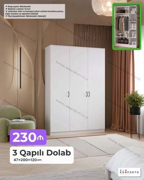 3 qapılı dolab – 47×200×120 sm - Daxili plan: asılqan bölməsi — Bakı