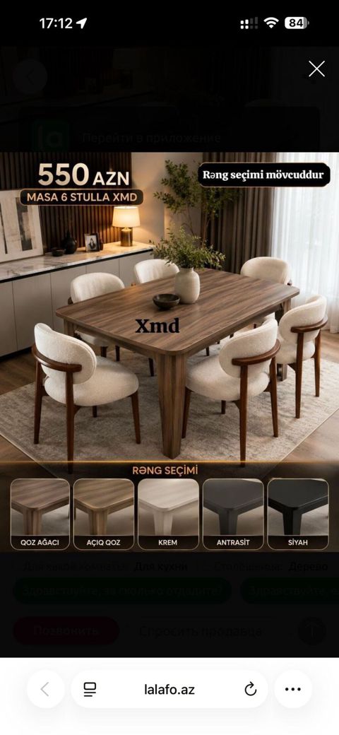 Masa + 6 stul dəsti — 550 AZN - Modern üslubda yemək dəsti — Bakı