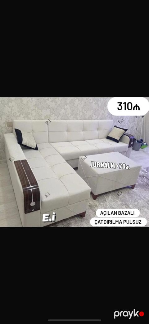 Məhsul: L formalı yumşaq künc divan dəsti - Rəng: ağ (iki dekorativ — Bakı