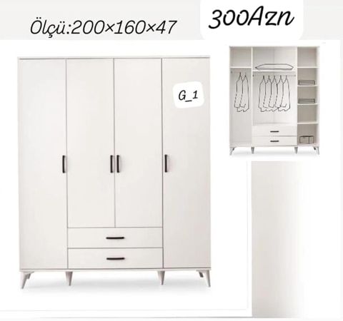 Ağ rəngli 4 qapılı paltar dolabı Ölçü: 200×160×47 sm Qiymət: 300 — Mehdiabad