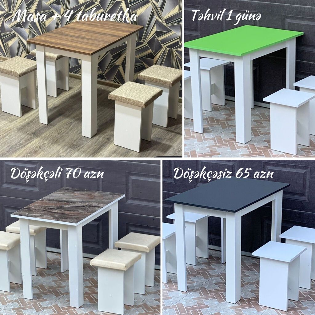 Masa + 4 taburetka dəsti - Yeni və sifarişlə hazırlanır - Rəng seçimi — Masalar və stullar, Bakı (4)