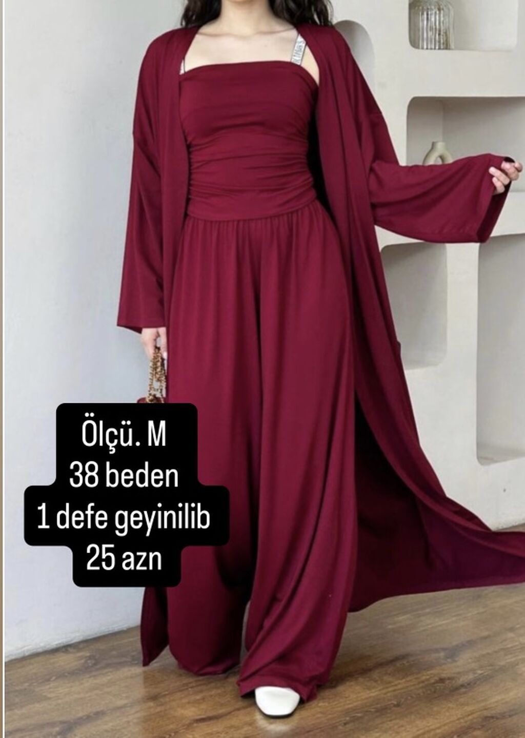 Bordo rəngli 3-lü qadın dəsti: - Straplı, büzgülü top - Yüksək belli — Kostyum, Digah