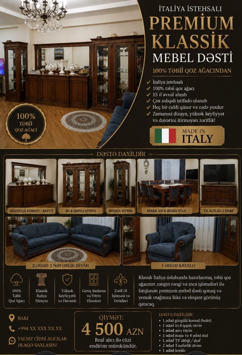 İtaliya istehsalı premium klassik mebel dəsti – 100% təbii qoz — Qonaq otağı üçün, Bakı (3)