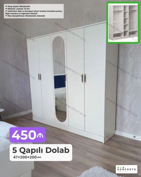 5 qapılı paltar dolabı - Ölçü: 47×200×200 sm - Material: Laminat 18 — Bakı