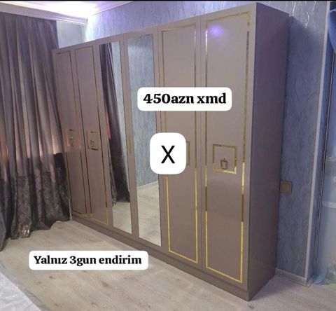 Geniş həcmli 6 qapılı qarderob - Rəng: bej-qəhvəyi tonlarda, qızılı — Ucuz serfeli Mebel — Şkaflar