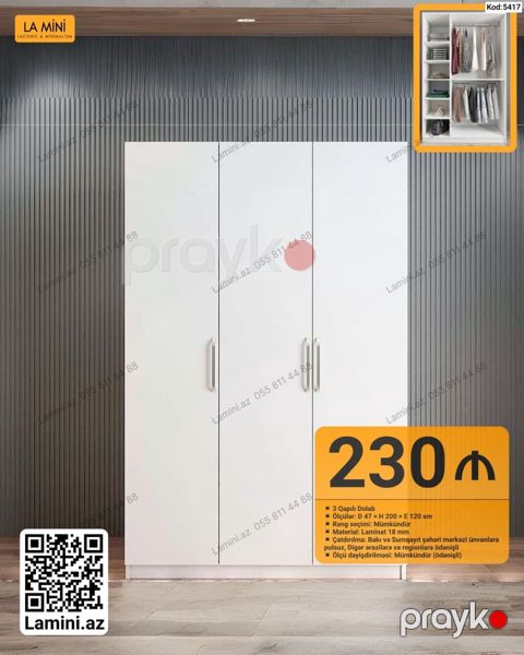3 qapılı paltar dolabı - Kod: 5417 - Ölçü: D 47 H 200 E 120 sm